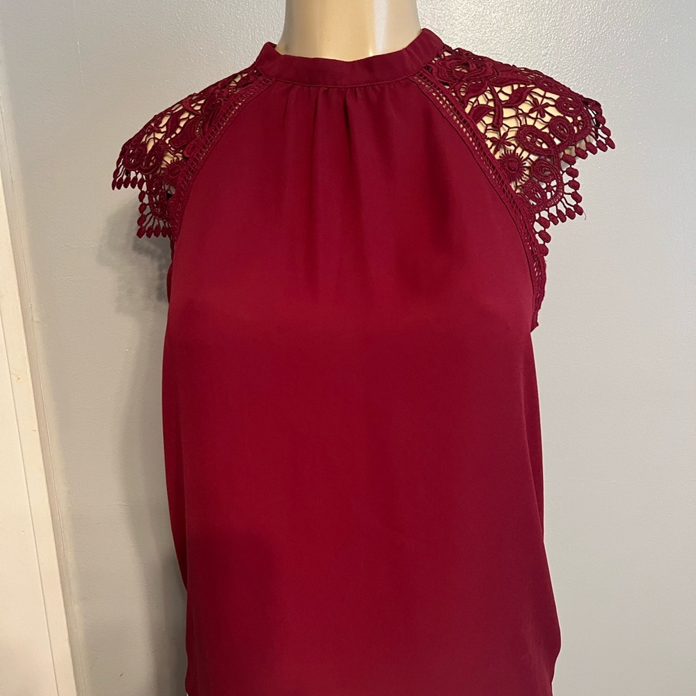 Express Red Lace Cap Sleeve Blouse with Mandarin Collar